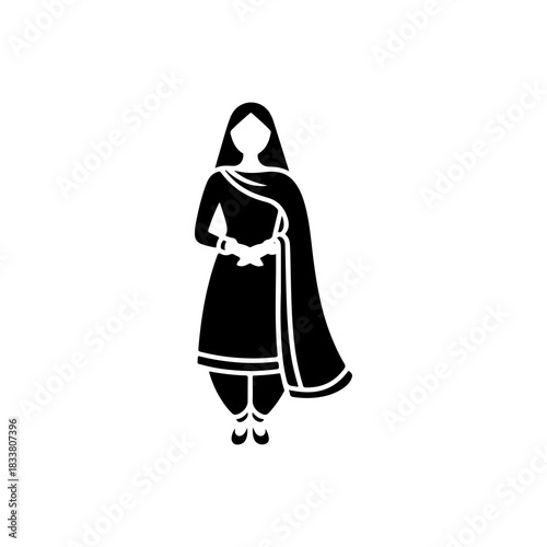 A silhouette icon of a woman in a Punjabi Suit simple black on white