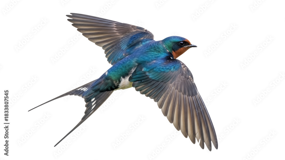 Obraz premium Barn swallow flying PNG isolated on transparent background, colorful bird with long tail feathers in flight, migratory animal