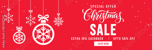 Festive red Christmas sale banner with hanging snowflake ornaments and baubles, elegant Christmas typography, special offer promotion with cashback and discount, ideal for holiday marketing and online