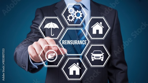 Business professional interacts with digital hexagonal interface displaying various insurance coverage icons centered on reinsurance