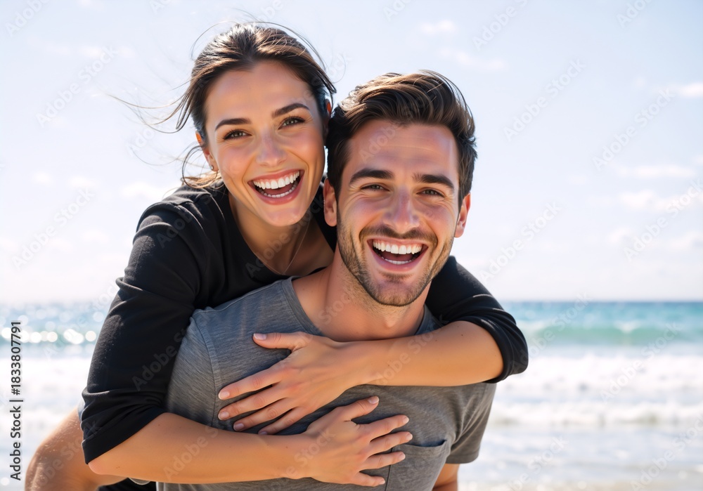 Obraz premium A happy young couple enjoys a piggyback ride on the beach. A smiling man and woman look at the camera during a summer vacation