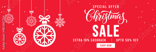 Festive red Christmas sale banner with hanging snowflake ornaments and baubles, elegant Christmas typography, special offer promotion with cashback and discount, ideal for holiday marketing and online