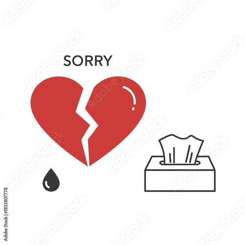 Conceptual illustration of heartbreak with a broken red heart and tissues.