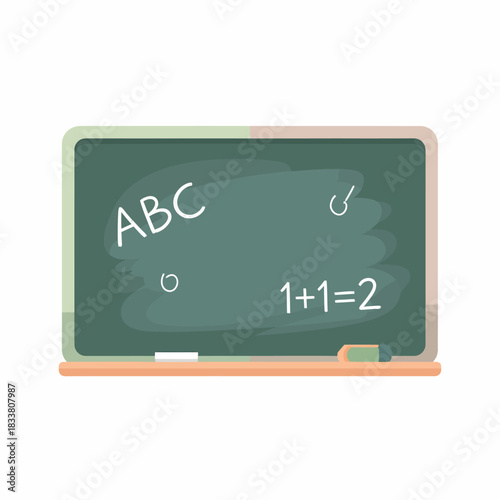 A green classroom blackboard with white chalk writings of 'ABC' and '1+1=2' and an eraser.
