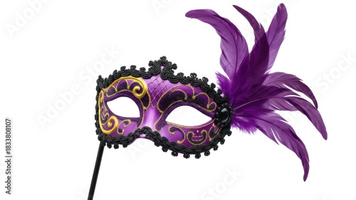 Purple and gold feathered masquerade mask isolated PNG, elegant party decoration on transparent background for festive events and costume design