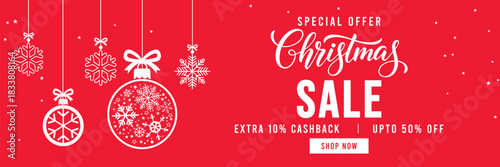 Festive red Christmas sale banner with hanging snowflake ornaments and baubles, elegant Christmas typography, special offer promotion with cashback and discount, ideal for holiday marketing and online