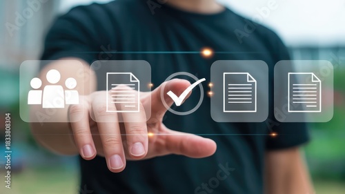 Person interacts with digital interface selecting a verified option among workflow elements
