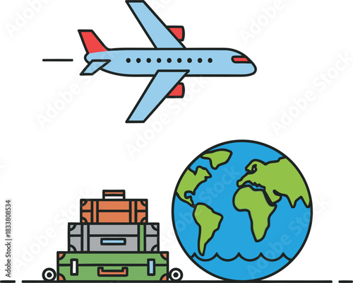 Airplane flies above stacked luggage and globe symbolizing global travel and logistics adventure destination journey isolated on white background