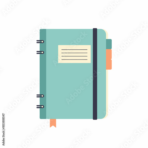 A teal spiral-bound notebook with an elastic band, a side tab, and a bookmark ribbon on a white background.