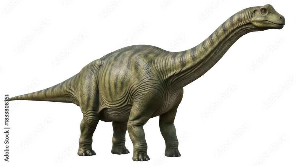 Obraz premium Green sauropod dinosaur isolated PNG, long necked herbivore with striped skin on transparent background for prehistoric animal concepts