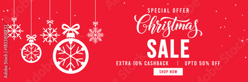 Festive red Christmas sale banner with hanging snowflake ornaments and baubles, elegant Christmas typography, special offer promotion with cashback and discount, ideal for holiday marketing and online