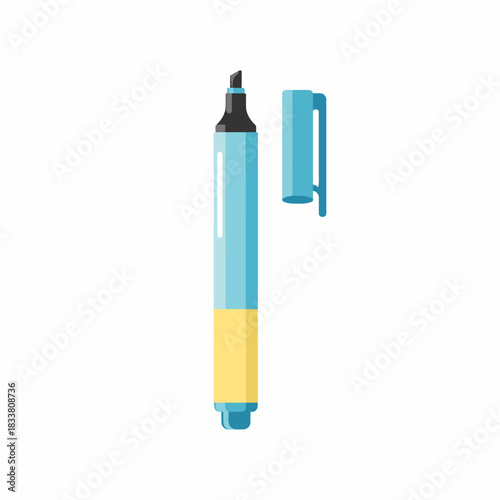 A light blue and yellow marker pen with its cap removed, ready for use in an office or school setting.