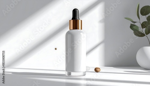 A sleek, white skincare product bottle with a golden collar and black dropper, presented on a bright, minimalist backdrop with natural light and a plant