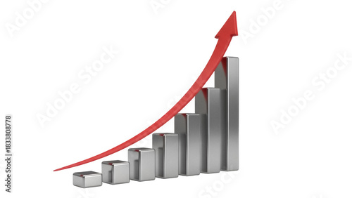 Rising bar graph with red arrow isolated PNG, business growth and success concept on transparent background, financial chart for presentations