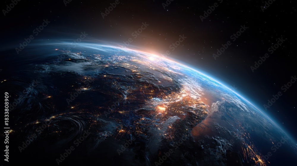 Obraz premium A view of the Earth from space, with the sun rising in the distance. The planet appears to be a dark blue color, and the sky is filled with stars