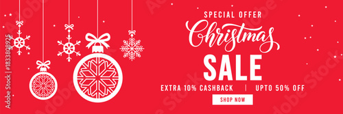 Festive red Christmas sale banner with hanging snowflake ornaments and baubles, elegant Christmas typography, special offer promotion with cashback and discount, ideal for holiday marketing and online