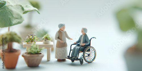 車椅子の高齢者と付き添い人のやさしい時間（3D）／まみおデザイン福祉シリーズ
