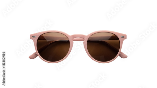 Round pink sunglasses isolated PNG, retro style eyewear with brown lenses for sun protection and fashion accessory on transparent background
