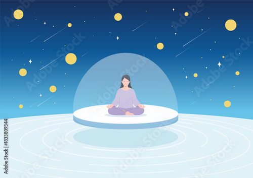 A woman meditating in a peaceful and serene setting, surrounded by stars and a dome of protection.