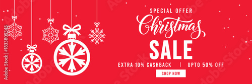 Festive red Christmas sale banner with hanging snowflake ornaments and baubles, elegant Christmas typography, special offer promotion with cashback and discount, ideal for holiday marketing and online