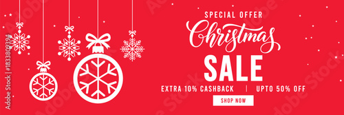 Festive red Christmas sale banner with hanging snowflake ornaments and baubles, elegant Christmas typography, special offer promotion with cashback and discount, ideal for holiday marketing and online