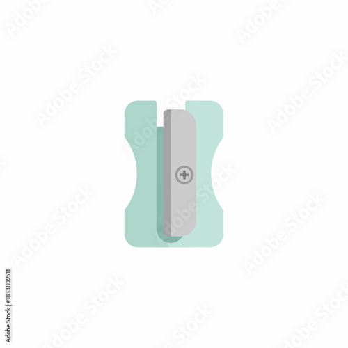 A minimalist flat design illustration of a light green pencil sharpener with a silver blade on a white background, a common school and office supply.