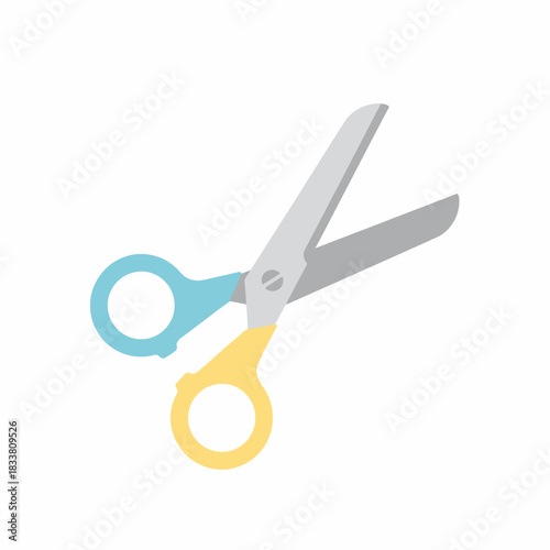 A simple illustration of a pair of open scissors with light blue and yellow handles and silver blades on a white background.
