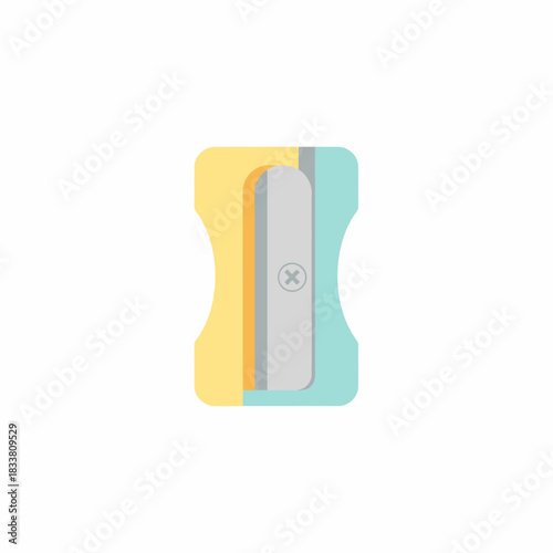 A flat design illustration of a yellow and light blue pencil sharpener with a grey blade.