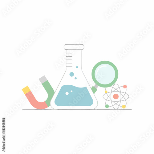 A collection of scientific equipment including a magnet, flask, magnifying glass, and atomic model.