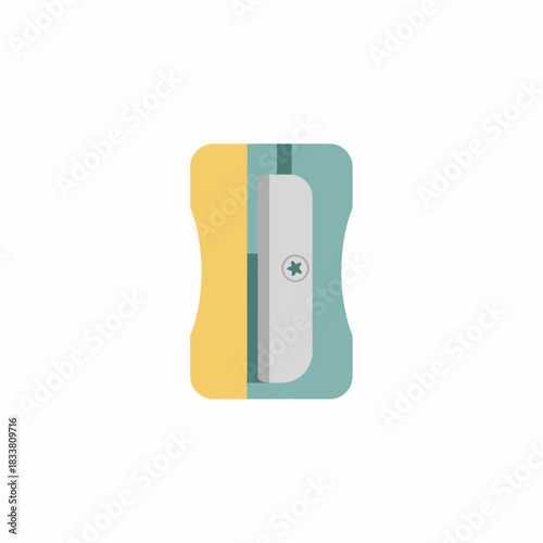 A simple, flat illustration of a yellow and teal pencil sharpener with a silver blade.