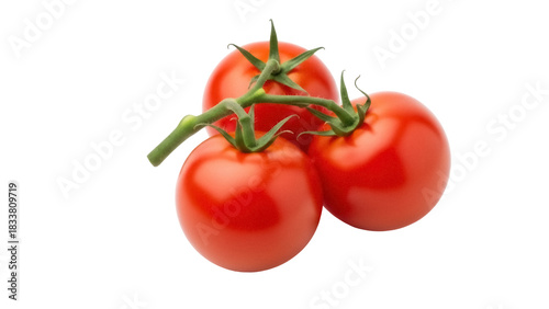 Three ripe red tomatoes on the vine PNG isolated, fresh vegetables for cooking and healthy eating on transparent background