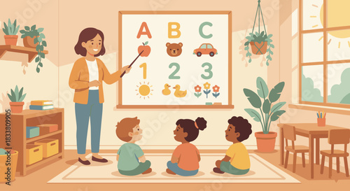 “Kids learning numbers and letters with a teacher pointing to a simple chart, flat vector, warm tones, early education concept.”