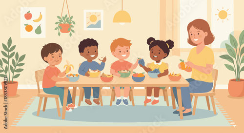 “Kindergarten snack time with children eating fruit together, soft flat palette, simple shapes, cheerful scene.”
