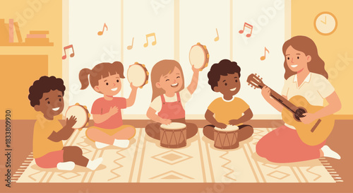 “Kids doing a simple music class with tambourines and small drums, warm vector style, playful atmosphere.”