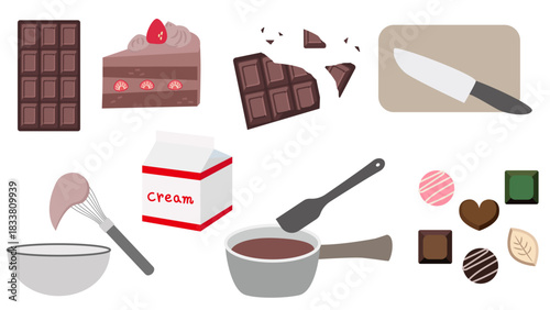 バレンタインのチョコレート作りイラスト素材セット（板チョコ・ケーキ・トリュフ・製菓道具）