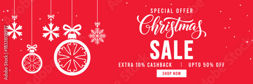 Festive red Christmas sale banner with hanging snowflake ornaments and baubles, elegant Christmas typography, special offer promotion with cashback and discount, ideal for holiday marketing and online