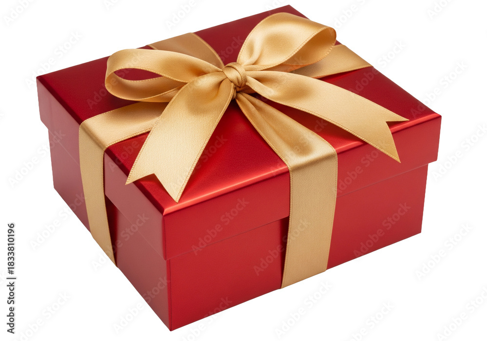 Fototapeta premium Elegant red gift box with golden ribbon offers a feeling of celebration and anticipation for birthdays, holidays, and special occasions alike