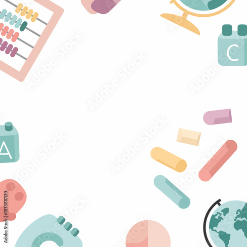 A flat lay of various school supplies and educational toys arranged on a white background.