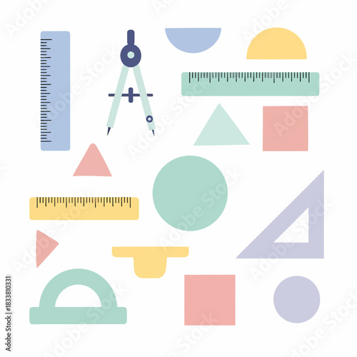 A collection of pastel-colored geometric shapes and drawing tools including rulers, compass, and protractor on a white background.