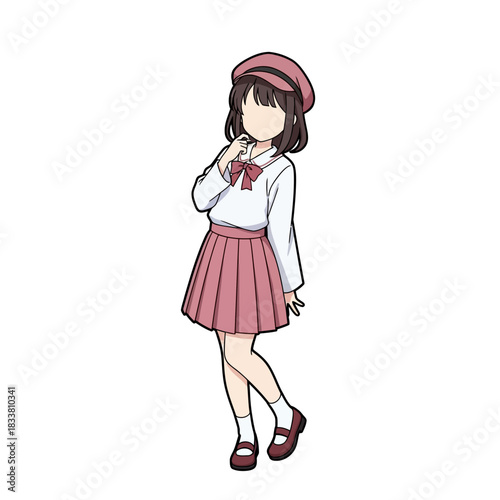 Anime schoolgirl in pink uniform and beret, ready for back to school, perfect for manga, comics, and kawaii aesthetic projects, fun and youthful appeal