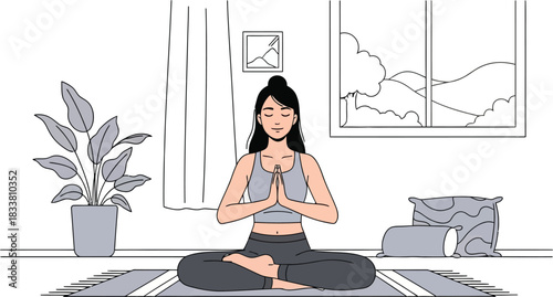 Woman meditating peacefully in a serene room with natural light a plant and framed art embodying mindfulness and calm isolated on white background