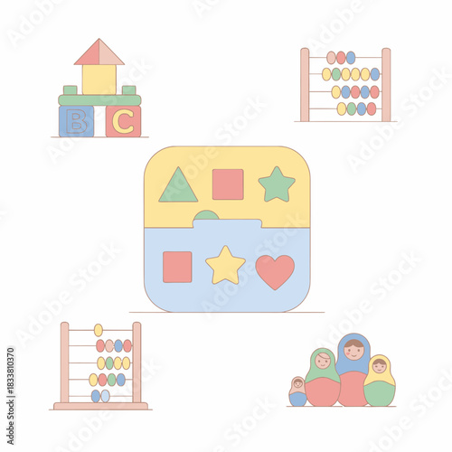 Pastel line art illustration of various children's educational toys including building blocks, abacuses, a shape sorter, and Russian nesting dolls.