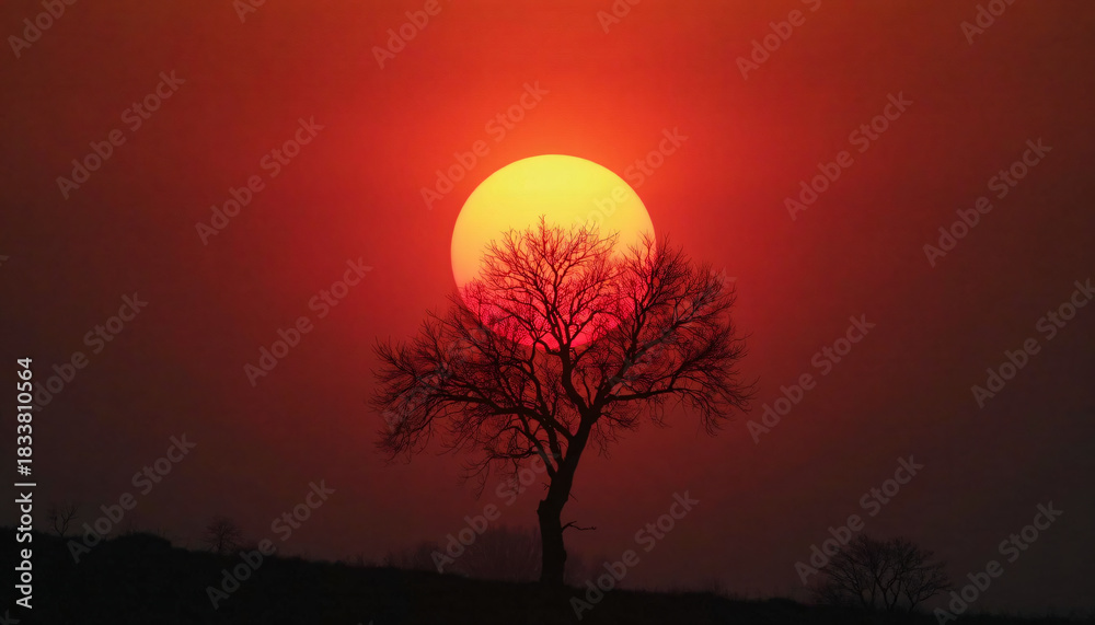 Obraz premium Bare Tree Against Red Sky and Sun