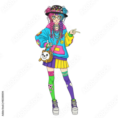 Vibrant anime girl exudes youthful confidence, pointing with playful style, perfect for modern youth culture and dynamic digital content creation