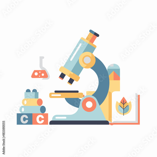 A colorful illustration depicting a microscope, beaker, building blocks, and a book, symbolizing science education and discovery.
