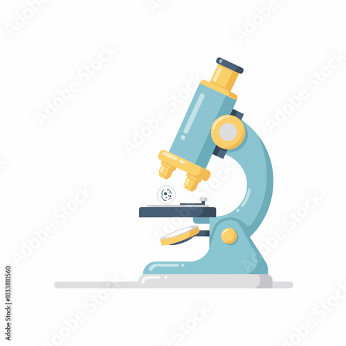 A light blue and yellow cartoon microscope with a sample on its stage, depicted in a flat design style on a white background.