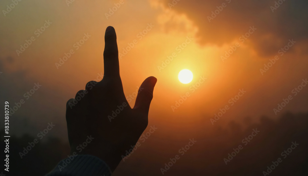Fototapeta premium Hand Silhouette Pointing at Sunset Sun