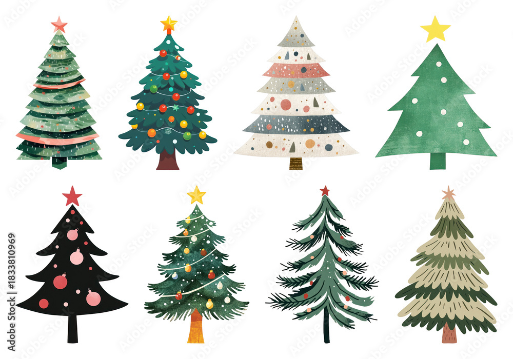 Obraz premium PNG Colorful illustrated Christmas trees, element set on transparent background