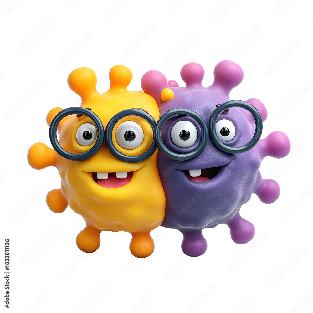 Obraz premium Two smiling cartoon microbe characters with glasses in 3D style