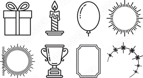 Celebration Icons: Gift, Candle, Balloon, Trophy, and Decorative Elements